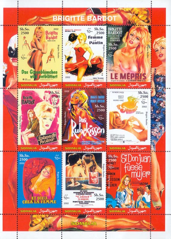 Somalia 2002 Brigitte Bardot Actress, Singer Film Movie 9v Mint Full Sheet.
