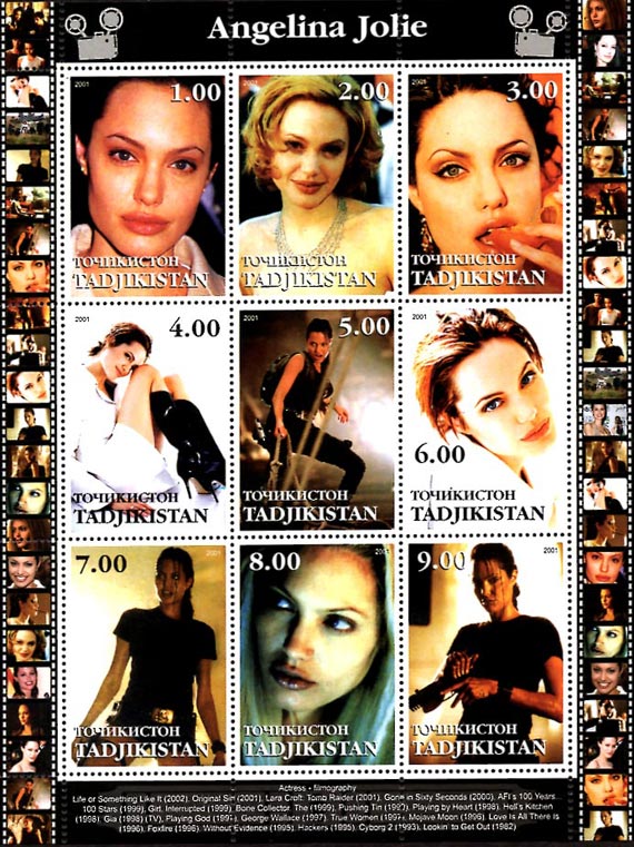 Tajikistan 2001 Angelina Jolie Hollywood Actress Movie Cinema 9v Mint Full Sheet.