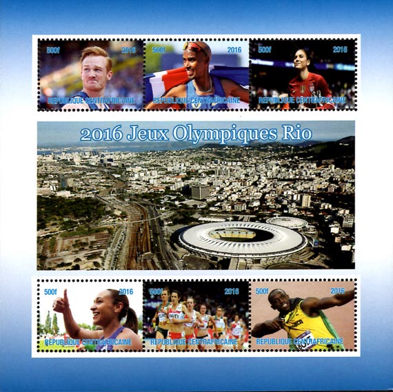 Central Africa 2015 Rio Olympics, Usain Bolt Mo Farah 6v Mint Souvenir Sheet S/S.
