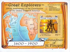 Grenadines of St. Vincent IMPERF 1987 Great Explorers (1600-1900) Map Globe $5 Mint S/S.